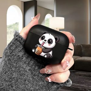 Stylish Protective Case Suitable for Apple for Airpods 4, 3, Pro3, Pro2, And Pro Featuring a Cute Milk Tea Panda Design. This Black TPU Case Is Lightweight, Durable, Scratch-Resistant, Shockproof, And Anti-Slip