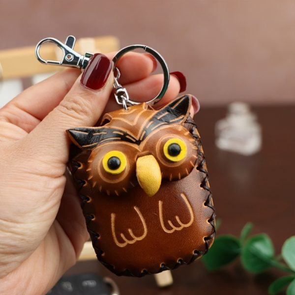 1pc Handmade Top Layer Cowhide Owl Keychain Card Holder Coin Purse All-In-One| Koala Keychain Card Holder Coin Purse All-In-One| Puppy Keychain Card Holder Coin Purse All-In-One, Genuine Leather Car Key Pendant, Earphone Bag