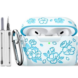 Protective Case for Airpods Pro 2Nd Generation Featuring a Cleaner Kit, Designed with a Two-Tone Flower Engraving in Soft Silicone, Complete with a Keychain - in Blue