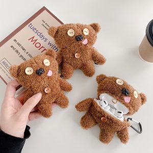 Fuzzy Button Bear for Apple Wireless Earphone Case Suitable for All Generations of for Apple Wireless Wireless Earphones from 1 to 4, Soft Shell, Shockproof, Cute Earphone Cover